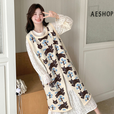 罗芬 故事面料女装官方实拍针织开衫马甲蕾丝连衣裙套装裙女春秋2