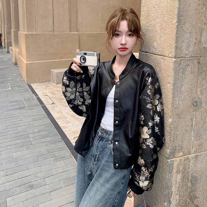 罗芬 故事面料女装官方实拍国风刺绣拼接黑色皮衣外套女春秋款202