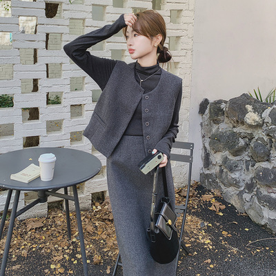 罗芬 故事面料女装官方灰色时髦精穿搭马甲套装裙女秋季小香风三
