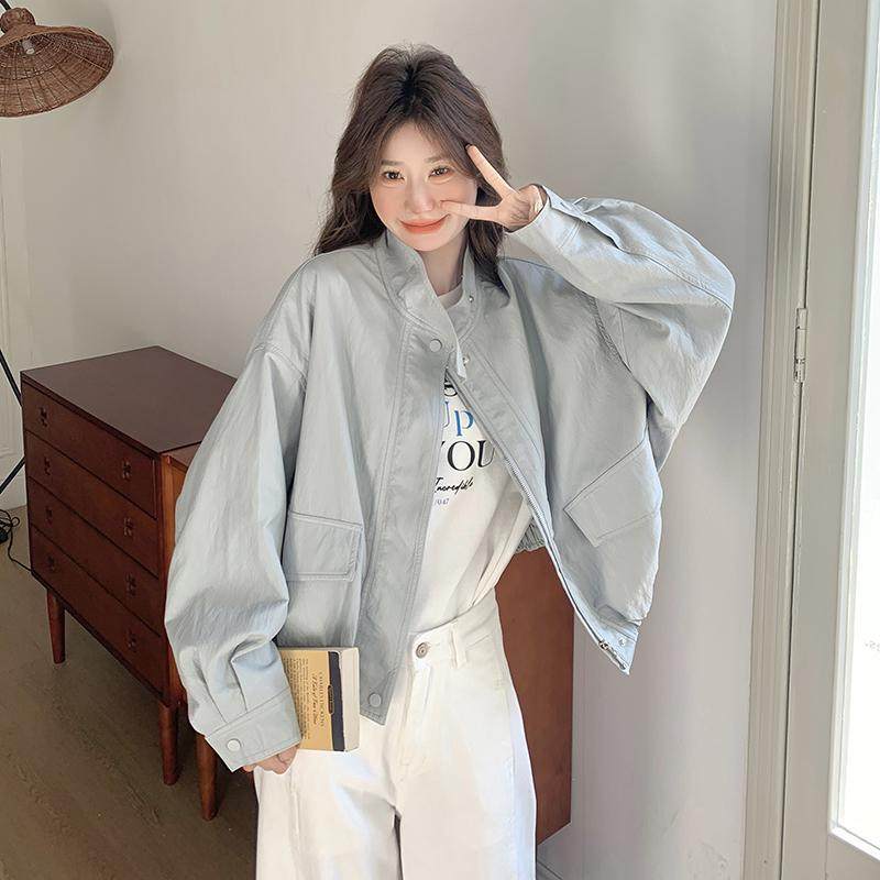 罗芬 故事面料女装官方浅蓝色休闲风皮衣外套女春季2025年新款小,女装/女士精品,短外套,淘宝优惠券,粉丝福利购,淘宝优惠卷