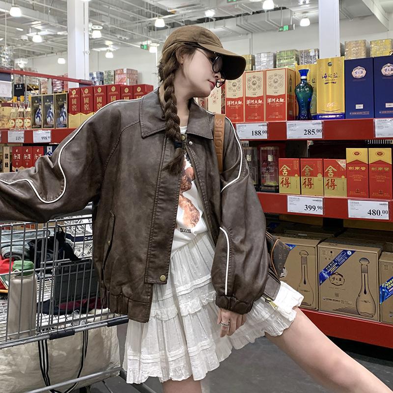 罗芬 故事面料女装官方实拍美拉德棕色复古做旧皮衣外套女春秋新