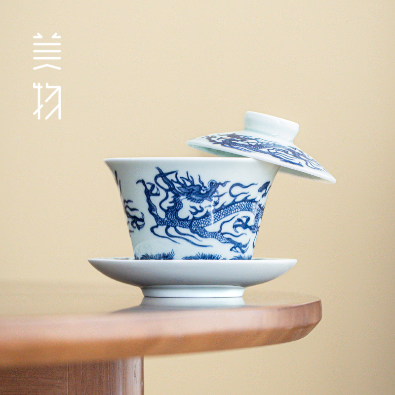 青花仿古缠枝莲龙纹陶瓷悬停三才盖碗功夫茶具家用带盖大号泡茶碗