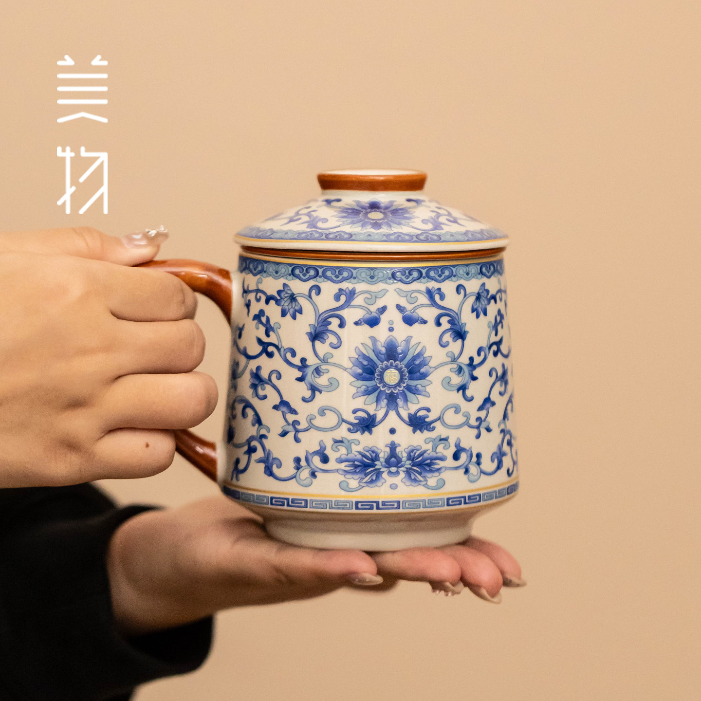 青花缠枝莲办公杯陶瓷茶杯茶水分离水杯家用马克杯泡茶杯办公杯