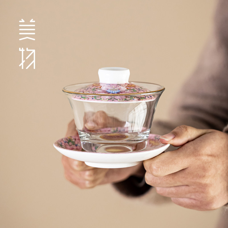 瓘玉水晶玻璃盖碗雅致盖碗茶杯茶具套装悬停三才盖碗泡茶碗礼盒装