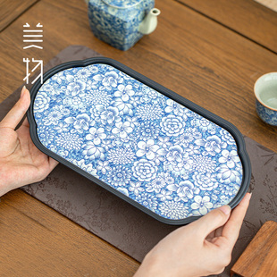 万花青花茶盘干泡盘国潮中式复古家用创意茶道壶承托盘吸水茶托