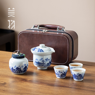 千里江山旅行茶具整套功夫茶具便携包老陶泥手绘青花茶具一壶三杯