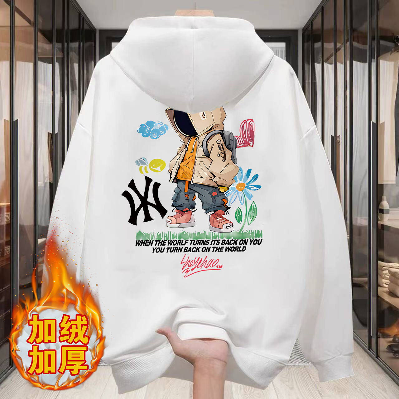 NASA联名2025秋冬季宽松加大码上衣加绒连帽卫衣男青少年印花长袖