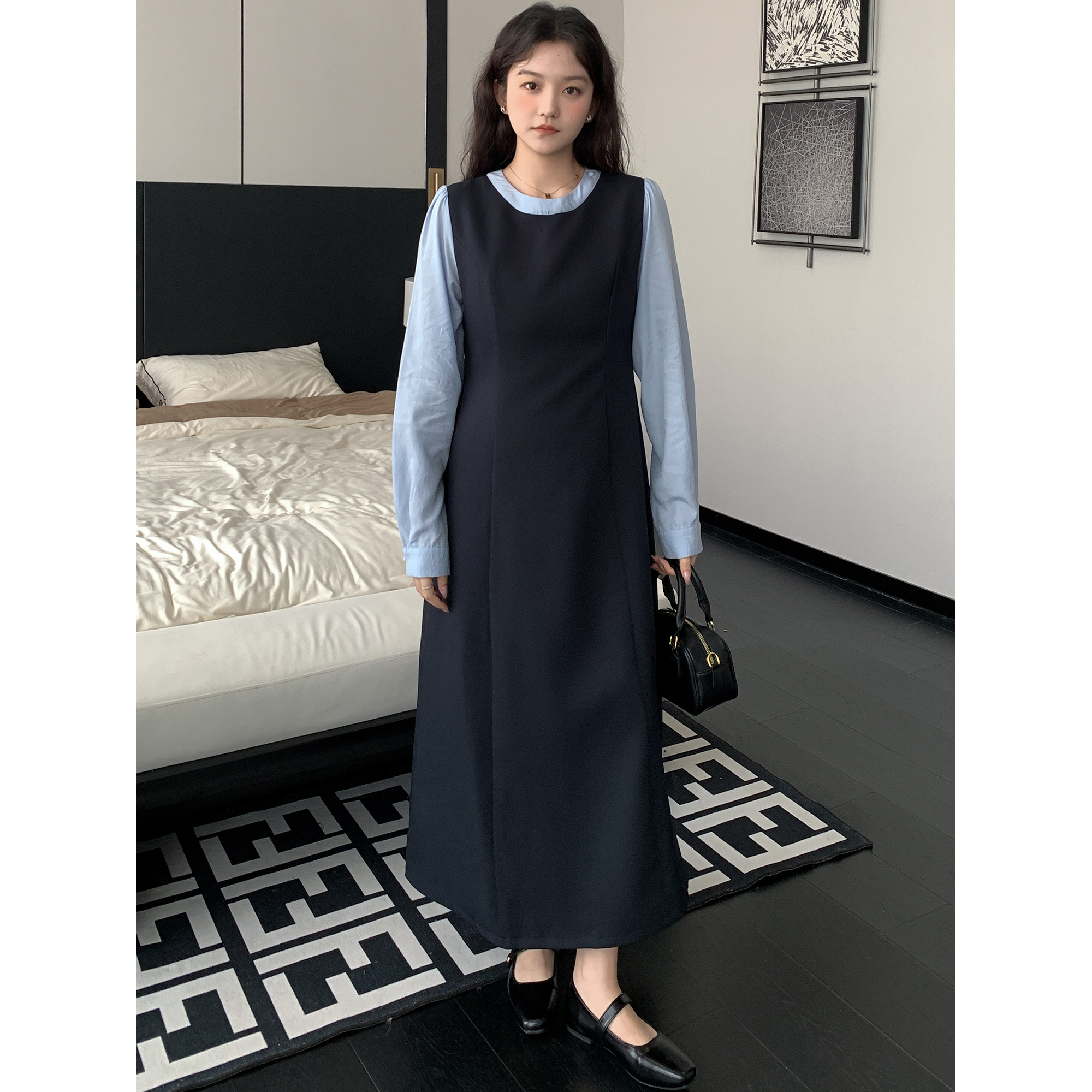 学院风长袖衬衣假两件收腰连衣裙