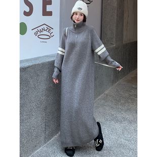 胖mm宽松显瘦孕妇连衣裙长袖 秋冬季 女装 大码 针织翻领毛衣裙子 新款