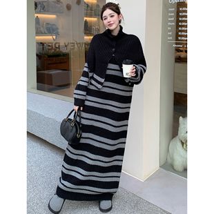 秋冬季新款大码女装胖mm宽松显瘦条纹过膝连衣裙长款遮肉毛衣裙