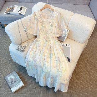 轻奢刺绣琉璃纱气质大码 雪纺连衣裙 小清新碎花裙胖mm高腰显瘦短袖