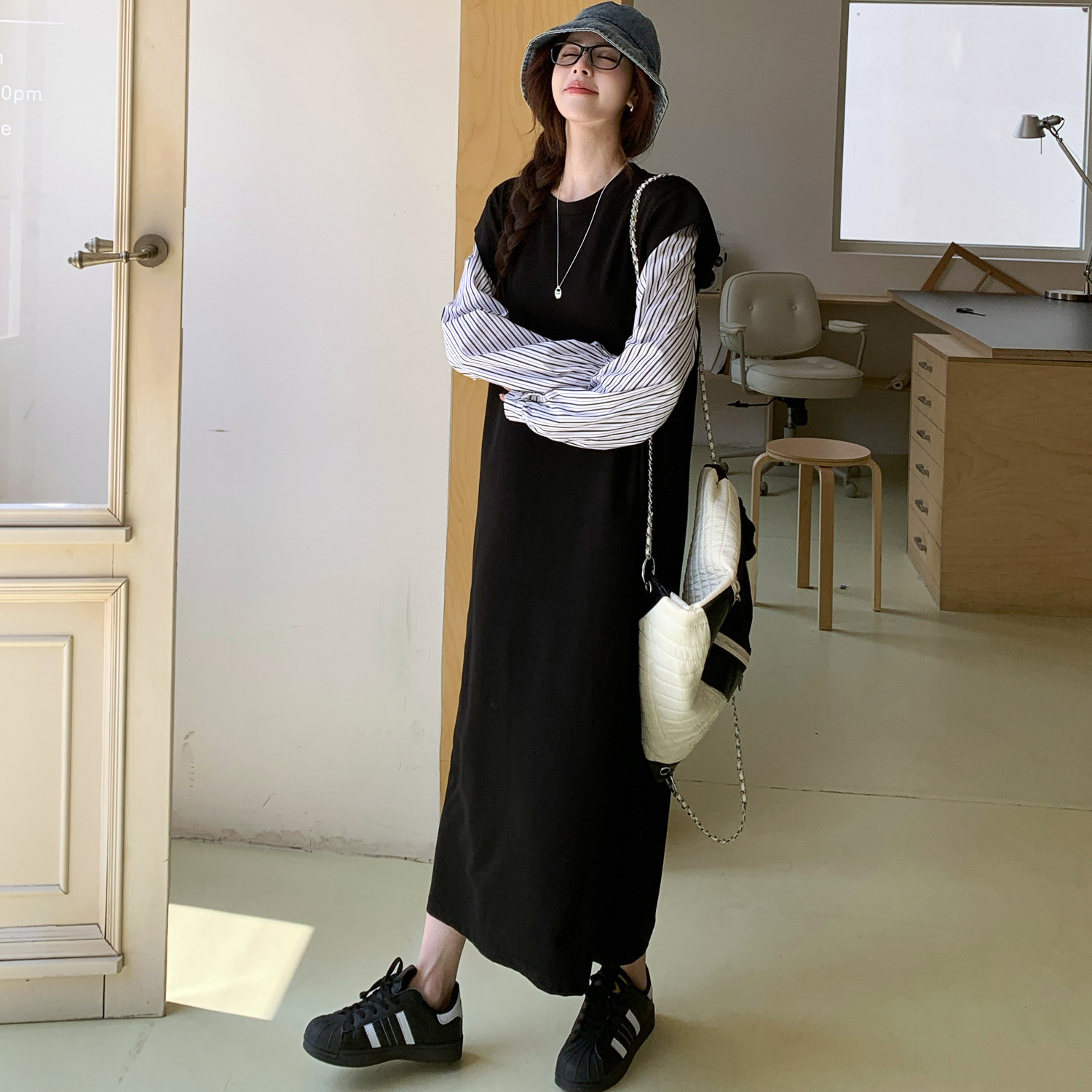 秋冬新款假两件大码女装拼接衬衫宽松显瘦裙子长袖中长款连衣裙