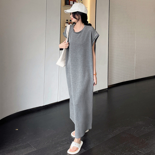 銀絲帶圓領(lǐng)寬松顯瘦長(zhǎng)款 夏季 T恤連衣裙 胖mm小飛袖 女裝 新款 大碼