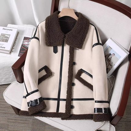 精品样衣清仓冬季新款机车皮毛一体外套女麂皮绒洋气加厚仿羊羔毛