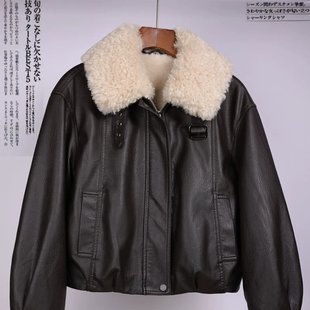 THEME 21羊羔毛翻领短款皮外套女加绒保暖百搭皮夹克女25冬季新款