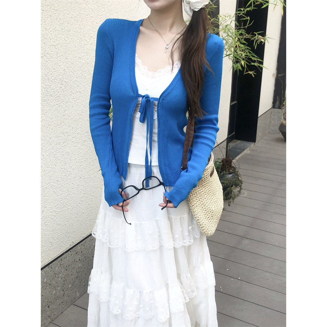 高级感V领外搭上衣罩衫女夏季2026薄款系带针织开衫显瘦长袖外套图片