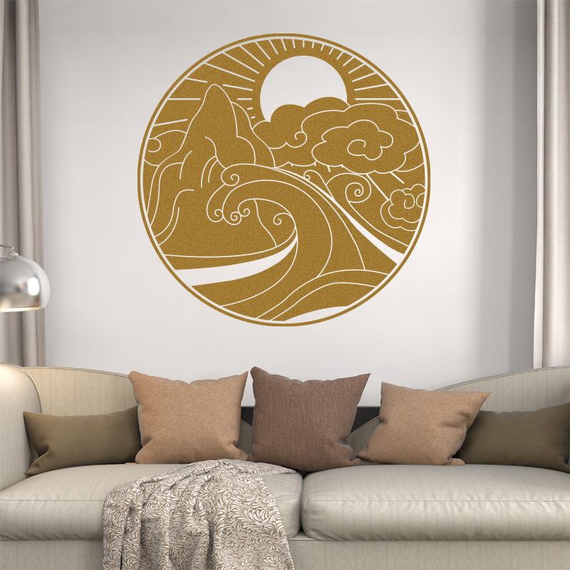 客厅玄关装饰墙贴纸抽象写意山水中国风复古圆形贴纸中式古典贴画图片