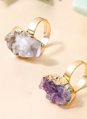 2026晶典珠宝天然紫水晶簇镀金开口戒指个性时尚可调节戒指厂家