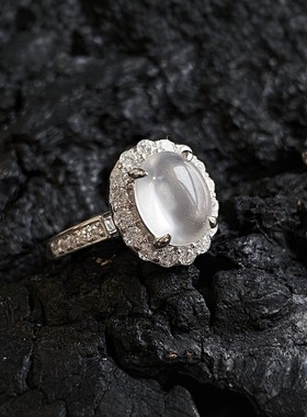 2026天然冰透灰玛瑙白玉髓覆古戒指女简约时尚气质高级感椭圆蛋面