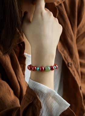 2026和田玉朱砂手链本命年红绳红色女款高含紫金砂转运珠手串毕业