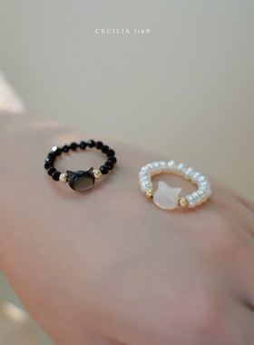 2026推荐珠宝 ins风超萌猫咪14K包金超闪黑尖晶戒指女小众设计不