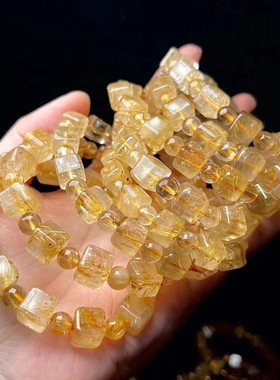 2026工厂直销 天然金发晶方糖手串 色泽金黄 发丝明显 精工方糖