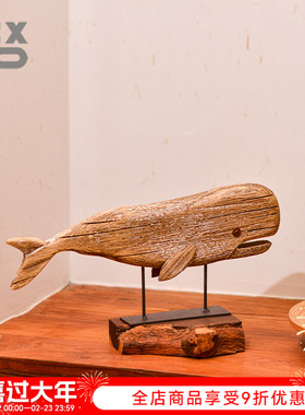 YBOX美式复古实木站立鱼摆件纯手工鱼摆设年年有余工艺品原木做旧