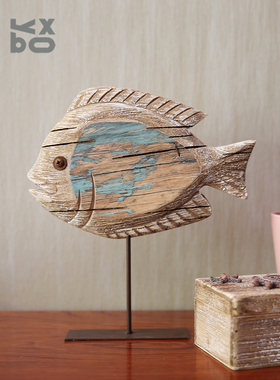 YBOX美式复古实木站立鱼摆件纯手工鱼摆设年年有余工艺品原木做u.