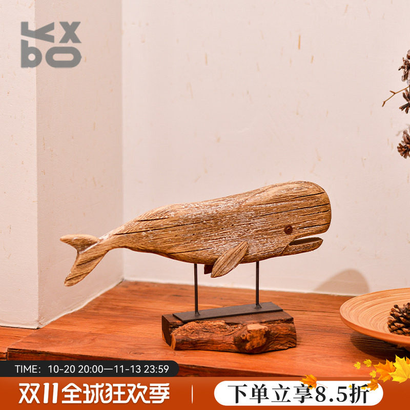 YBOX美式复古实木站立鱼摆件纯手工鱼摆设年年有余工艺品原木做旧