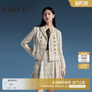 OBEG欧碧倩复古格纹羊毛小西装 秋冬学院风高腰短外套10443059