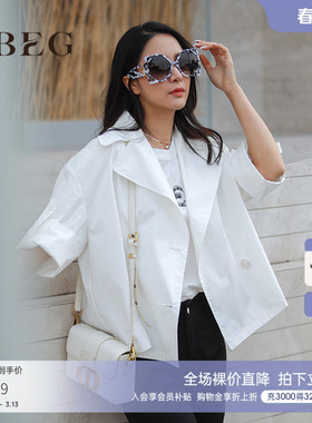 OBEG欧碧倩简约大翻领双排扣上衣夏季短款廓形外套104051