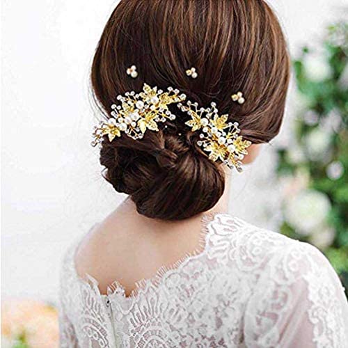 Yalice Bride Crystal Pearl Wedding Hair Clips Gold Leaf Brid