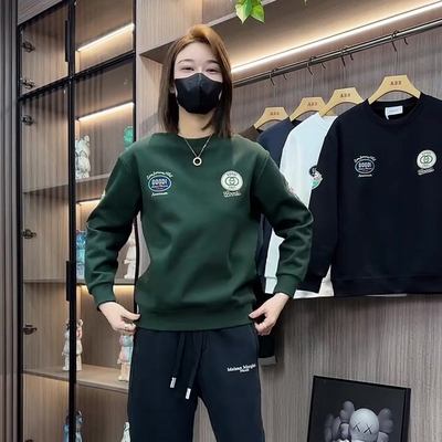 洋气美式复古加绒圆领绿色卫衣男