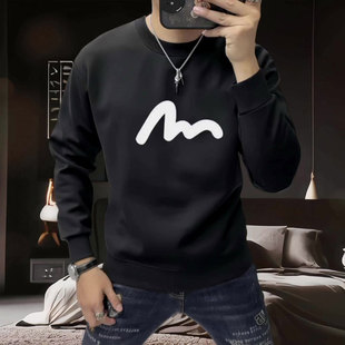 潮牌时尚简约休闲卫衣男款秋冬帅气修身圆领加绒黑色长袖男生高级
