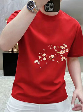 国潮风新中式红色花卉印花短袖T恤男夏季高品质潮流时尚凉感上衣