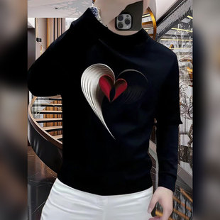 2026潮牌新款爱心印花加绒卫衣男款秋冬帅气修身圆领长袖男生高级