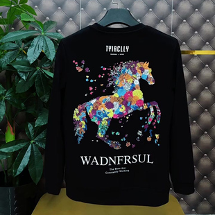 今年新款潮牌欧货黑色修身圆领长袖卫衣男彩色马印花加绒打底上衣