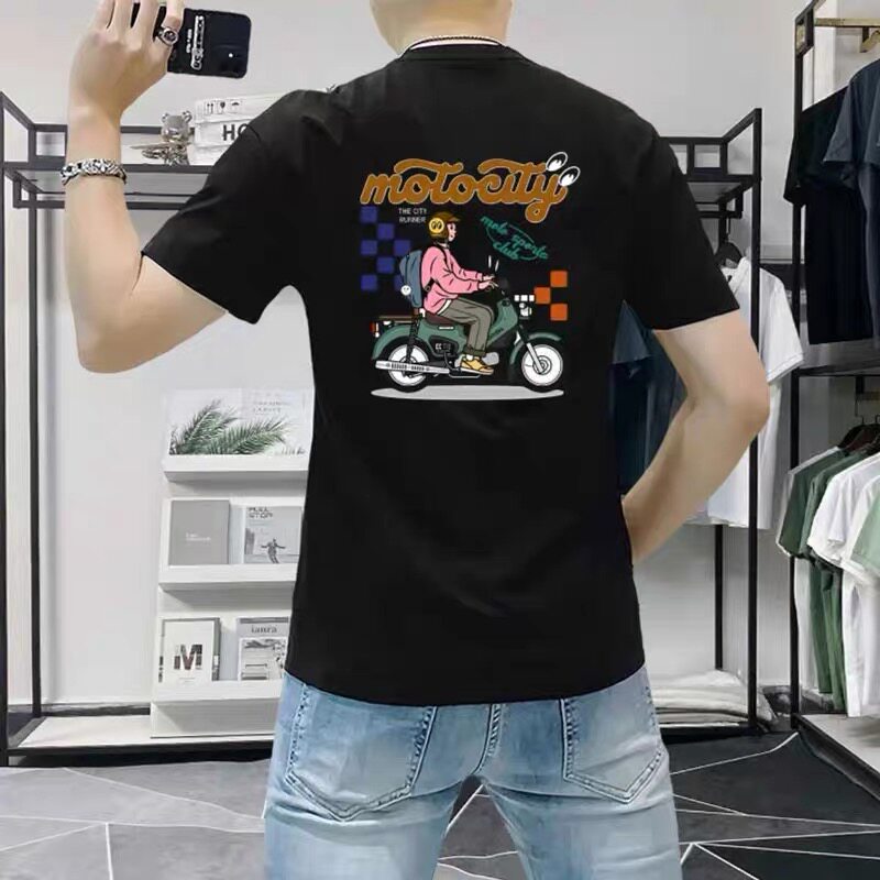 夏季新款多巴胺风短袖T恤男潮流个性摩托车印花圆领体恤百搭上衣