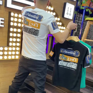 精神小伙潮牌印花上衣夏季男士修身纯棉短袖潮流网红痞帅炸街t恤