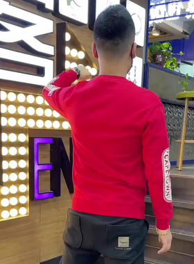 秋冬新款设计感独特别致袖子字母印花加绒卫衣男美式复古红色长袖