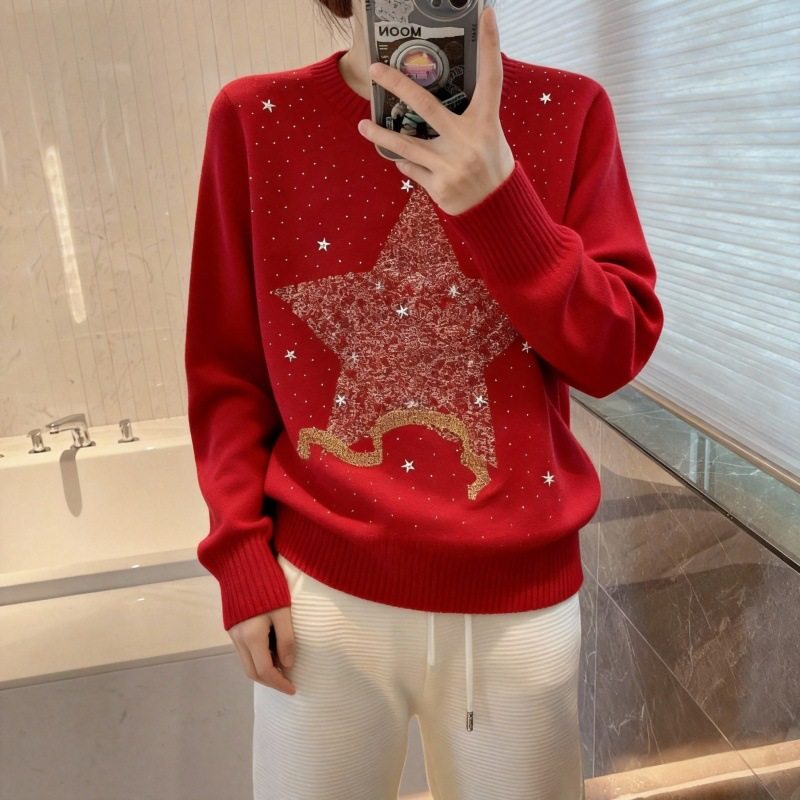 高品质~新款迪家字母五角星烫钻针织长袖开衫宽松百搭女毛衣