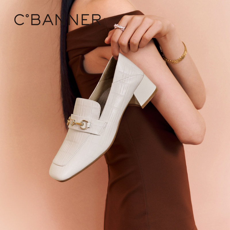 千百度女鞋乐福鞋两穿通勤中跟正装真皮一脚蹬小皮鞋