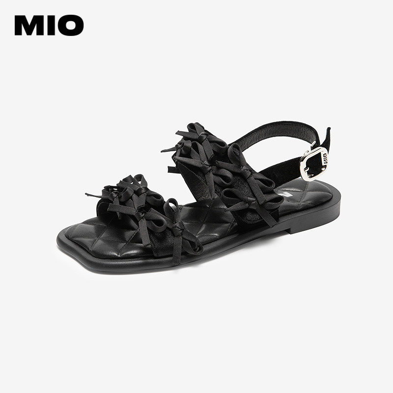 MIO米奥蝴蝶结凉鞋女2025夏季新款法式方头平底带扣清凉度假拖