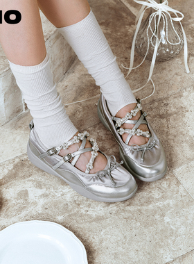 【程潇同款】MIO米奥运动玛丽珍鞋珍珠时髦银色芭蕾鞋女鞋