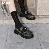 MIO米奥通勤粗跟单鞋 复古学院蝴蝶钻饰小众厚底增高乐福鞋