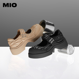 MIO米奥秋季圆头小皮鞋中跟纯色单鞋厚底鞋复古通勤玛丽珍女鞋