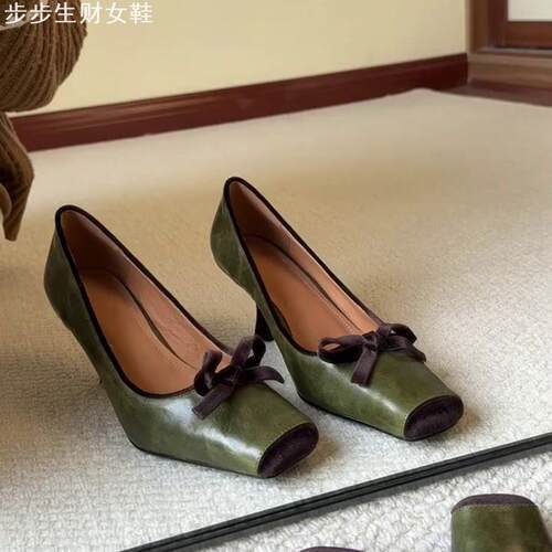 羊皮版~方头法式高跟时尚百搭蝴蝶结设计气质高级感复古女高跟鞋