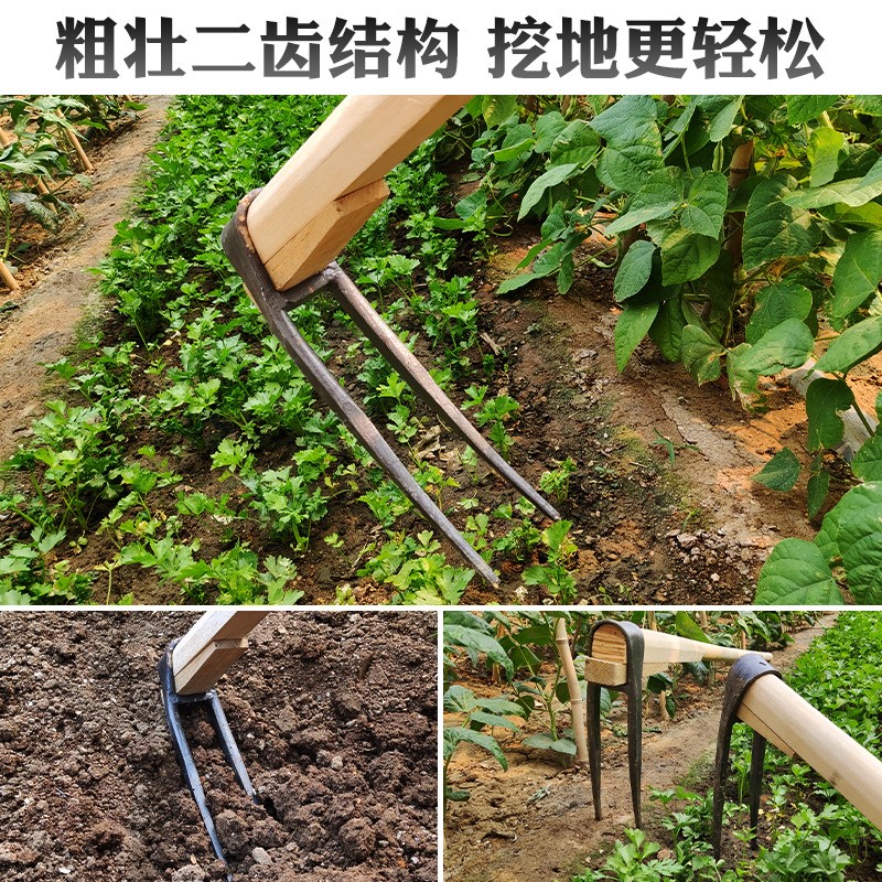 锄头翻地松土神器挖地二齿耙子农具家用种菜农用老式农用工具大全