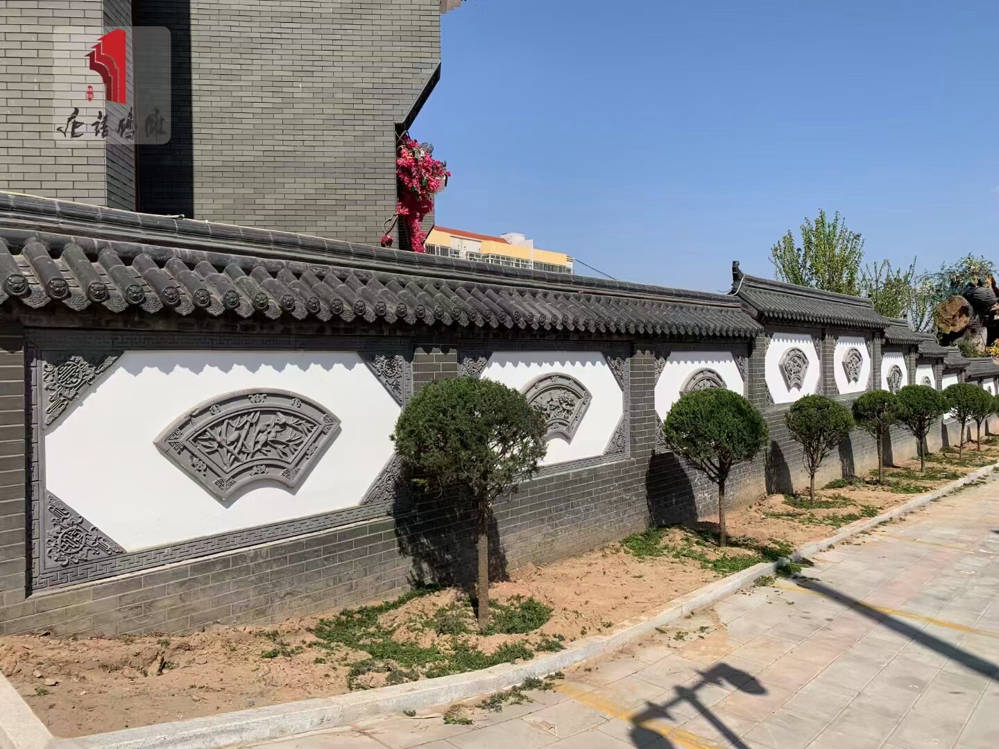 唐语新中式仿古砖雕文化墙青砖浮雕1.2m扇形牡丹墙面装饰背景墙