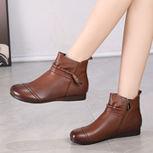 冬季 单靴女棉鞋 加绒皮靴子 中老年平底防滑秋季 真皮软底短靴妈妈鞋